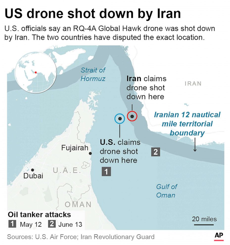 PHOTO: Graphic pinpoints the drone shooting locations provided by the U.S. and Iran and shows how they are conflict in location.