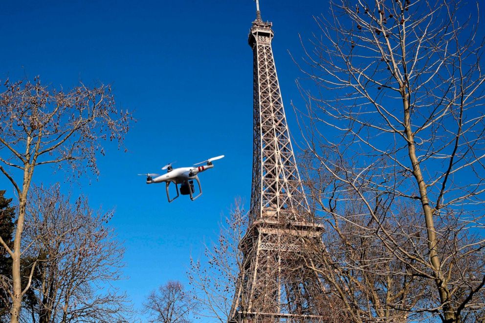 PHOTO: This file photo taken on Feb. 27, 2015, shows an inoperative drone near the Eiffel Tower in Paris, France.