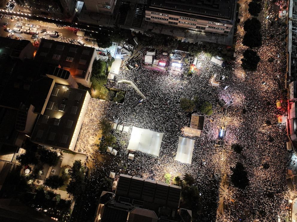 PHOTO: A drone photo of people gathering in "Hostages square," after a ceasefire between Israel and Hamas in Gaza went into effect, in Tel Aviv, Israel, October 11, 2025. 