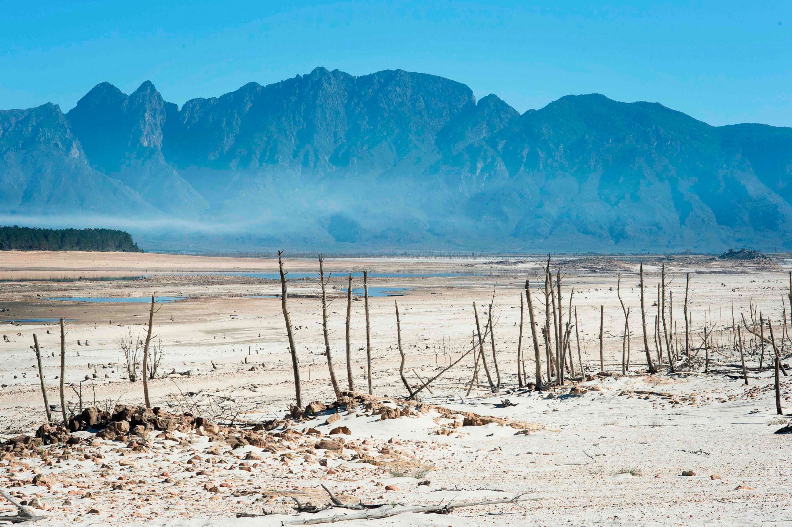 PHOTO: Bare sand and dried tree trunks stand out at Theewaterskloof Dam, which has less than 20% of it's water capacity, near Villiersdorp, in this May 10, 2017 file photo.