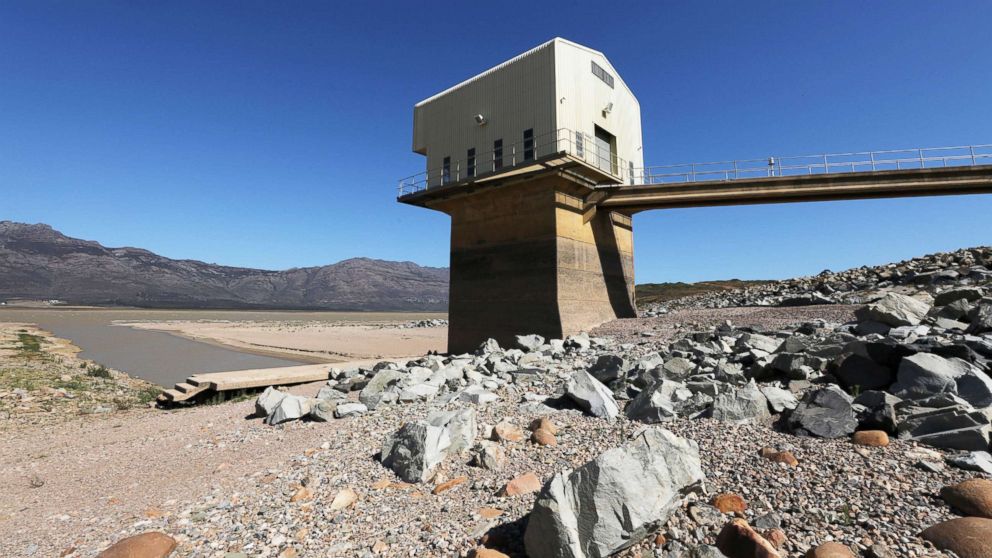 PHOTO: Water levels are seen at about 24 percent full at Voelvlei Dam, one of the regions largest water catchment dams, near Cape Town, South Africa in this Nov. 8, 2017 file photo. 