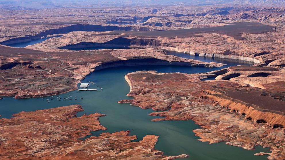 PHOTO: A bathtub rings are seen above the waterline near Bullfrog Marina at Lake Powell during drought that reduced the flow of the Colorado River on April 15, 2023 in Lake Powell, Utah.