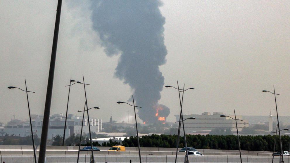 PHOTO: A smoke plume rises from an ongoing fire at Dubai International Airport in Dubai on March 16, 2026. 