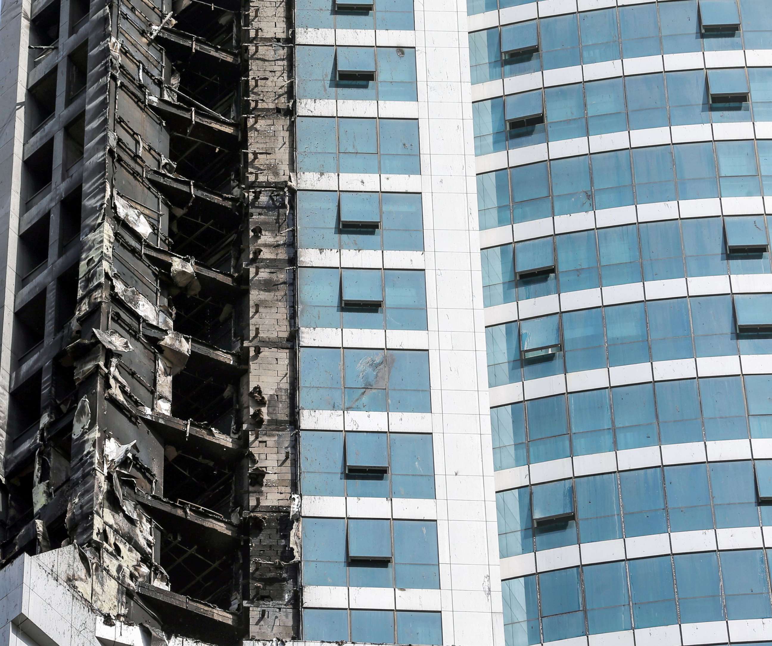 PHOTO: The fire damage to "The Torch", one of the tallest towers in Dubai, after a fire blaze ripped through it early in the morning of Aug. 4, 2017. 
