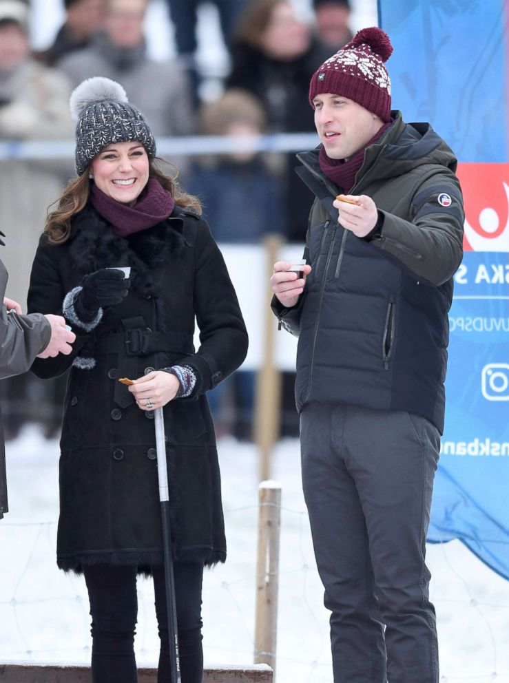 PHOTO: Catherine and Prince William, Duchess and Duke of Cambridge, attend a Bandy hockey match on day one of their Royal visit to Sweden and Norway, Jan. 30, 2018, in Stockholm.