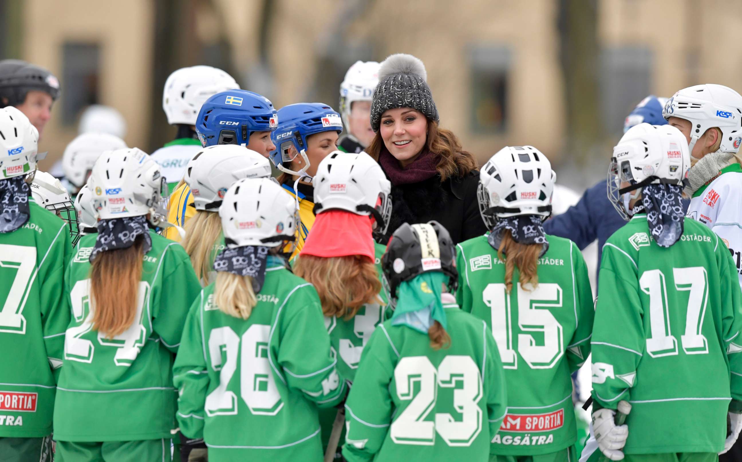 PHOTO: Britain's Kate, Duchess of Cambridge, speaks with young members of the Hammarby bandy sports club in Stockholm, Jan. 30, 2017, during Prince William and Duchess of Cambridge 4-day visit to Sweden and Norway.