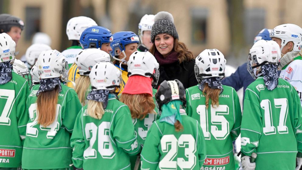 PHOTO: Britain's Kate, Duchess of Cambridge, speaks with young members of the Hammarby bandy sports club in Stockholm, Jan. 30, 2017, during Prince William and Duchess of Cambridge 4-day visit to Sweden and Norway.