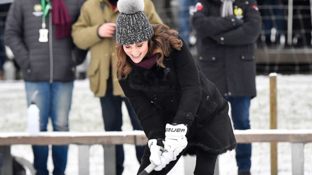 PHOTO: Britain's Kate, Duchess of Cambridge, tries a shot with a bandy stick in Stockholm, Jan. 30, 2017, during Prince William and Duchess of Cambridge 4-day visit to Sweden and Norway.