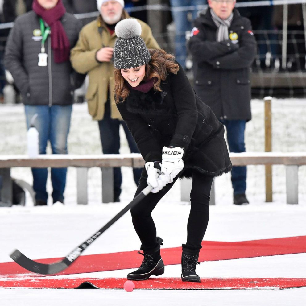 PHOTO: Britain's Kate, Duchess of Cambridge, tries a shot with a bandy stick in Stockholm, Jan. 30, 2017, during Prince William and Duchess of Cambridge 4-day visit to Sweden and Norway.