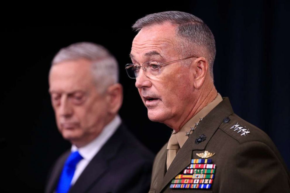 PHOTO: Chairman of the Joint Chiefs of Staff, Marine Gen. Joseph Dunford, right, with Secretary of Defense Jim Mattis. speaks to reporters during a news conference at the Pentagon, Aug. 28, 2018 in Washington. 