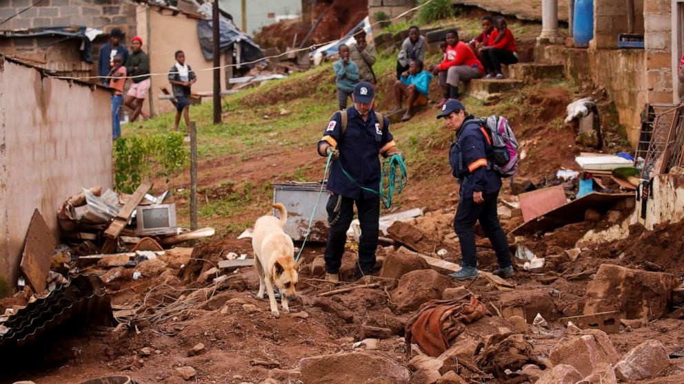 PHOTO: A search and rescue team uses a dog to search for bodies in Dassenhoek near Durban, South Africa, April 17, 2022.
