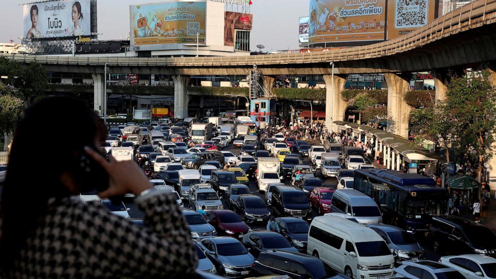 PHOTO: Vehicles are stuck in heavy traffic, after a strong earthquake struck central Myanmar on Friday, in Bangkok, Thailand, March 28, 2025.