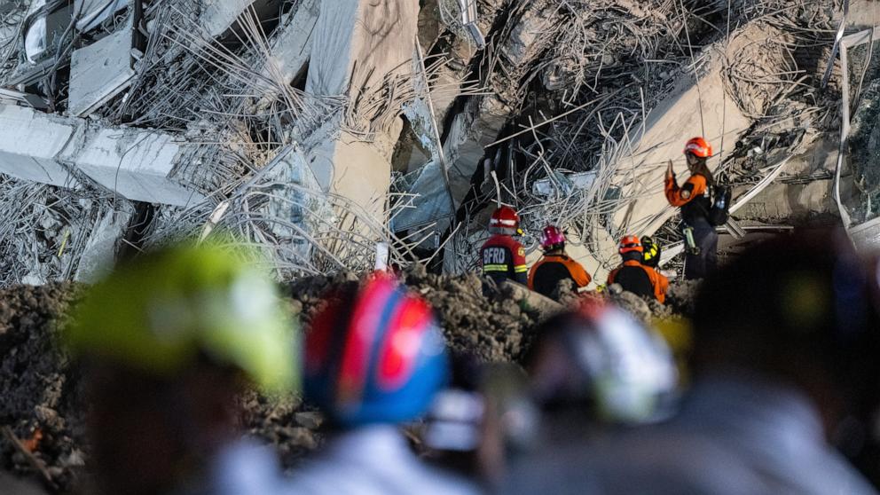 PHOTO: Rescue workers are seen working at the collapsed construction building in Chatuchak area on March 28, 2025 in Bangkok, Thailand.