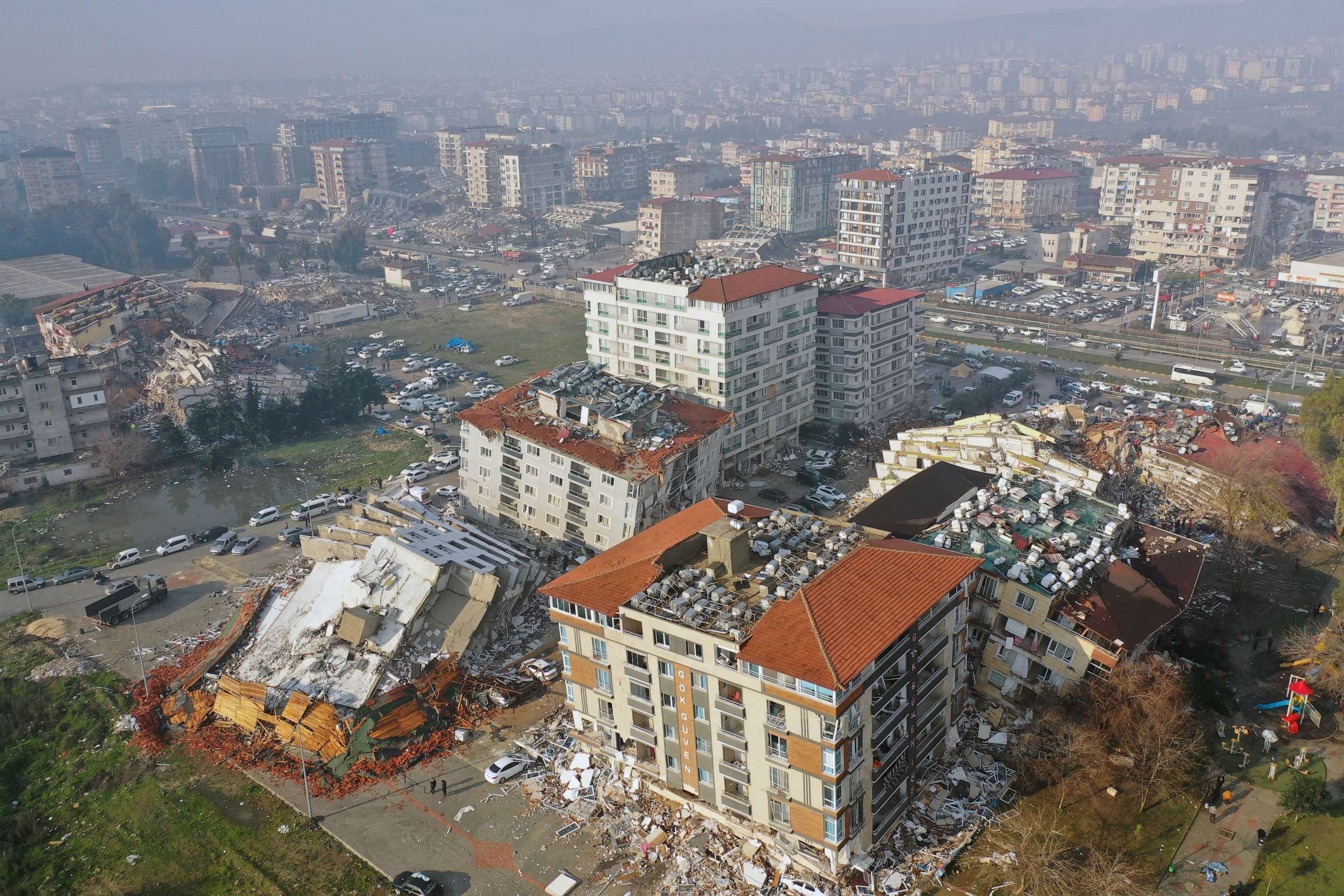 PHOTO: An aerial view shows collapsed and damaged buildings after an earthquake in Hatay, Turkey, on Feb. 7, 2023.