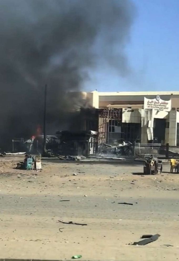 PHOTO: Smoke billows from the East Nile Hospital on May 15, 2023. The person who filmed the video told ABC News an air strike hit a fuel station next to the hospital, fueling a fire that spread to the hospital.