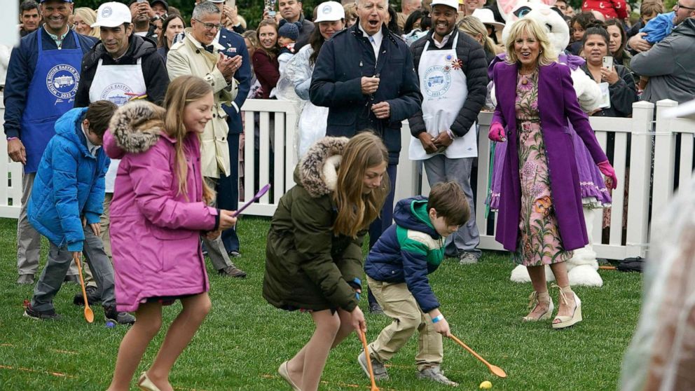 PHOTO: President Joe Biden and First Lady Jill Biden take part in the annual White House Easter Egg Roll on the South Lawn of the White House in Washington, D.C., April 18, 2022.