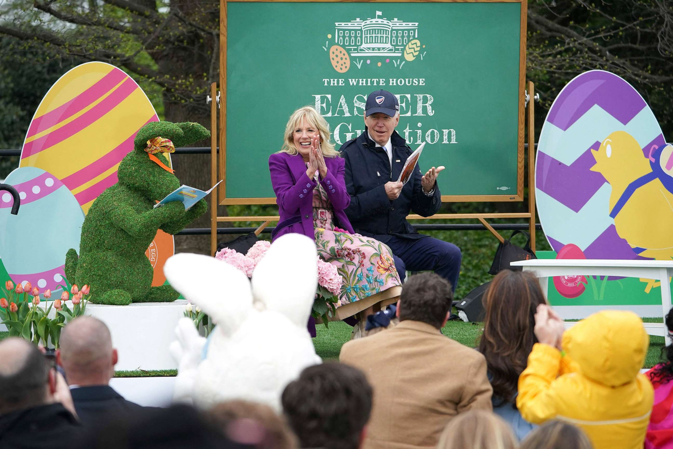 PHOTO: President Joe Biden and First Lady Jill Biden read a book to children during the annual Easter Egg Roll on the South Lawn of the White House in Washington, D.C., April 18, 2022.