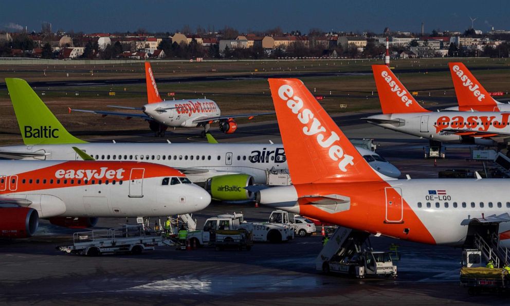 PHOTO: In this file photo taken on Dec. 29, 2019, an aircraft operated by British low-cost airline EasyJet prepares for take off as other planes are lined up at Tegel airport in Berlin, Germany.