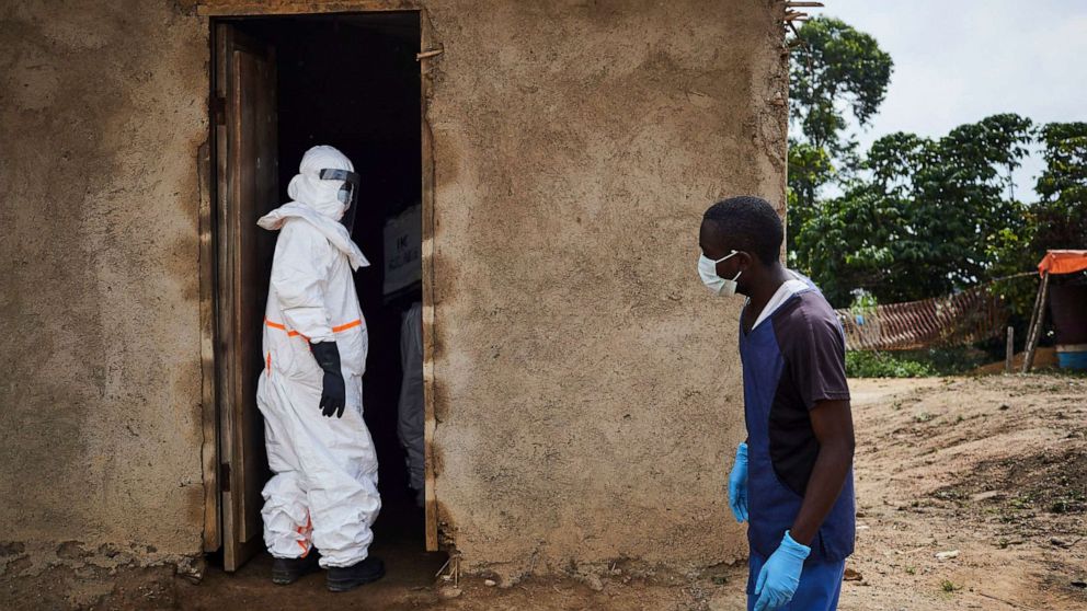 PHOTO: A health team begins to disinfect a clinic in Ngongolio, Beni, North Kivu province, Democratic Republic of the Congo, Aug. 28, 2019. The clinic briefly treated a patient before he was sent to a treatment center for Ebola.