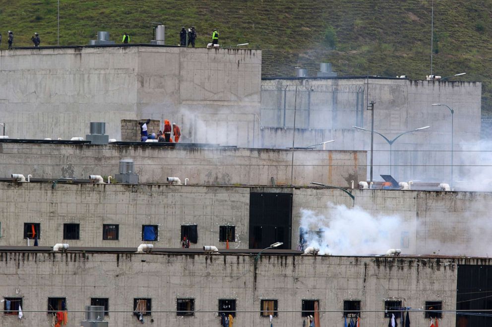 PHOTO: Tear gas rises from parts of Turi jail where an inmate riot broke out in Cuenca, Ecuador, Feb. 23, 2021.