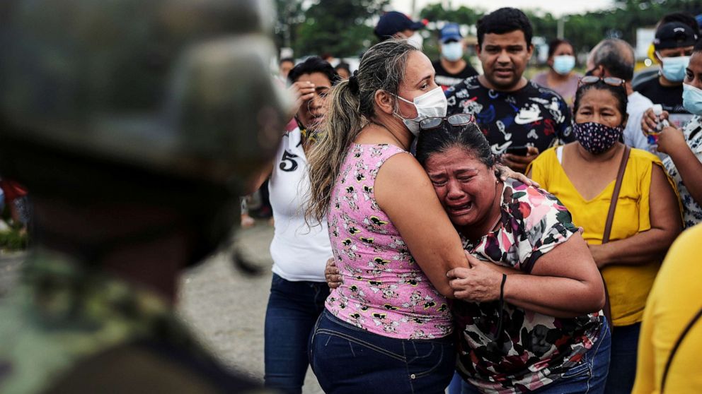 PHOTO: A woman reacts outside a prison where inmates were killed during a riot that the government described as a concerted action by criminal organizations, in Guayaquil, Ecuador, Feb. 23, 2021.
