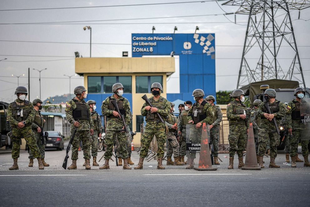 PHOTO: Soldier stand guard outside a prison where inmates were killed during a riot in Guayaquil, Ecuador, Feb. 23, 2021.