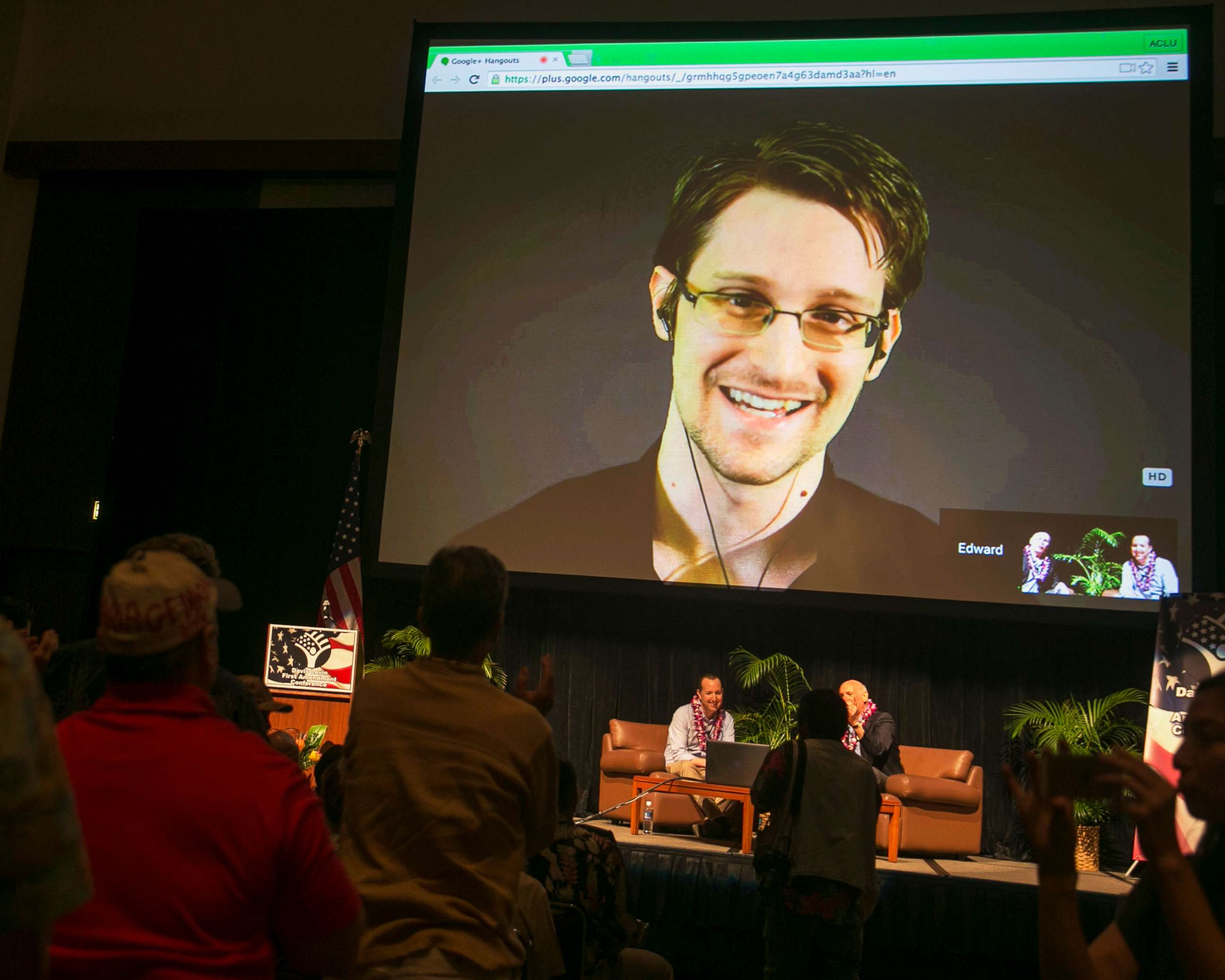PHOTO: Edward Snowden appears on a live video feed broadcast from Moscow at an event sponsored by the ACLU Hawaii in Honolulu, Feb. 14, 2015.
