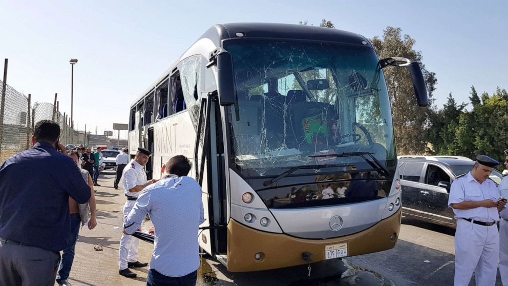 PHOTO: A damaged bus is seen at the site of a blast near a new museum being built close to the Giza pyramids in Cairo, May 19, 2019. 