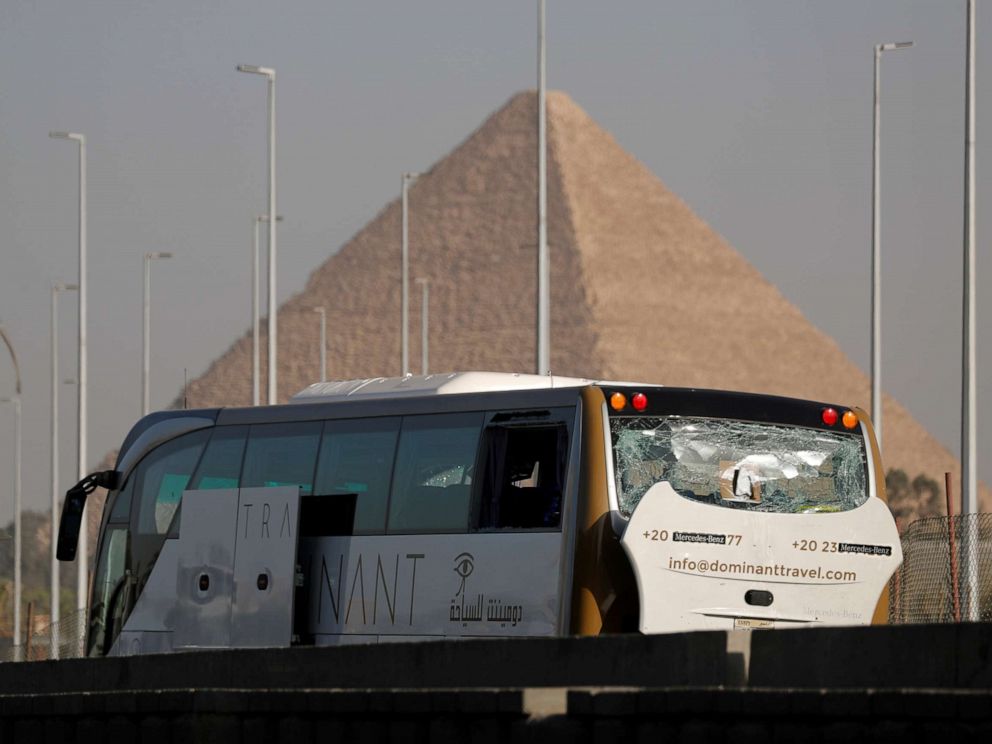 PHOTO:A damaged bus is seen at the site of a blast near a new museum being built close to the Giza pyramids in Cairo, May 19, 2019.