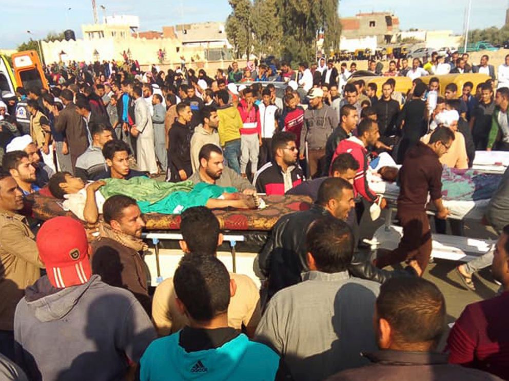 PHOTO: Injured people are evacuated from the scene of a militant attack on a mosque in Bir al-Abd in the northern Sinai Peninsula of Egypt, Nov. 24, 2017.