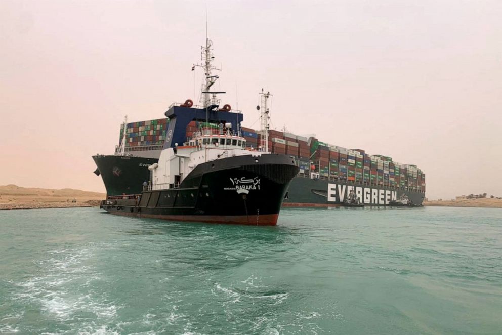 PHOTO: A handout picture released by the Suez Canal Authority on March 24, 2021 shows the Taiwan-owned MV Ever Given (Evergreen.)