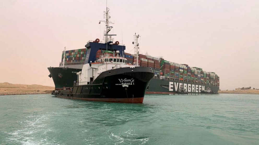 PHOTO: A handout picture released by the Suez Canal Authority on March 24, 2021 shows the Taiwan-owned MV Ever Given (Evergreen.)