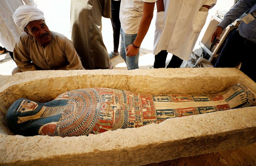 PHOTO: A sarcophagus that was discovered near the King Amenemhat II pyramid is displayed during a presentation, south of Cairo, July 13, 2019. 