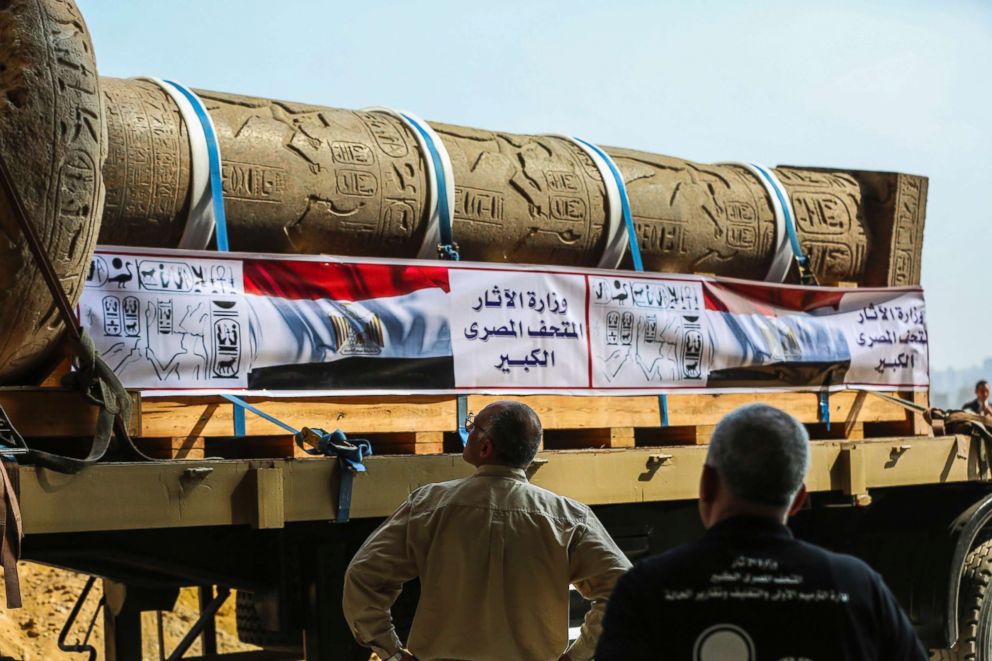 PHOTO: The King Merneptah pillar is loaded onto a truck to be transferred to its permanent display area at the Atrium of the Grand Egyptian Museum (GEM), near the Pyramids of Giza, Egypt, March 10, 2018.