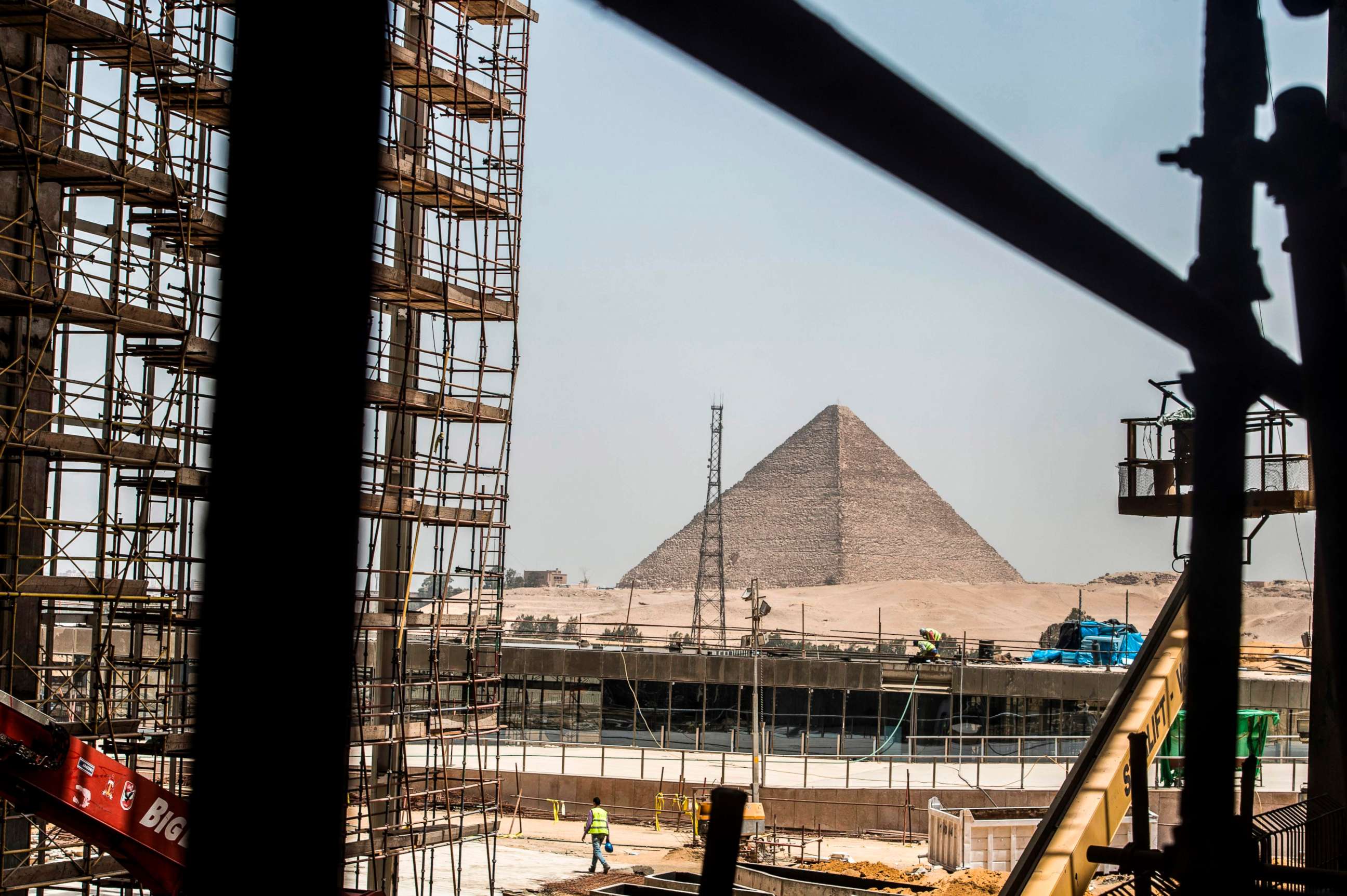 PHOTO: A picture taken on June 10, 2018 shows a view of construction work undergoing at the site of the Grand Egyptian Museum in Giza on the southwestern outskirts of the capital Cairo, with the Pyramid of Menkaure seen in the background.