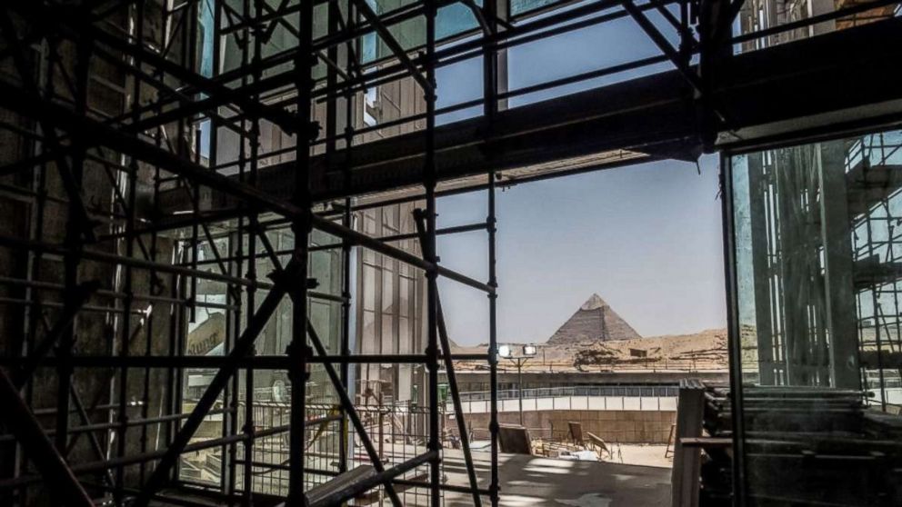 PHOTO: A view of construction work undergoing at the site of the Grand Egyptian Museum in Giza on the southwestern outskirts of the capital Cairo, with the Pyramid of Khafre, also known as Chephren, seen in the background, June 10, 2018.