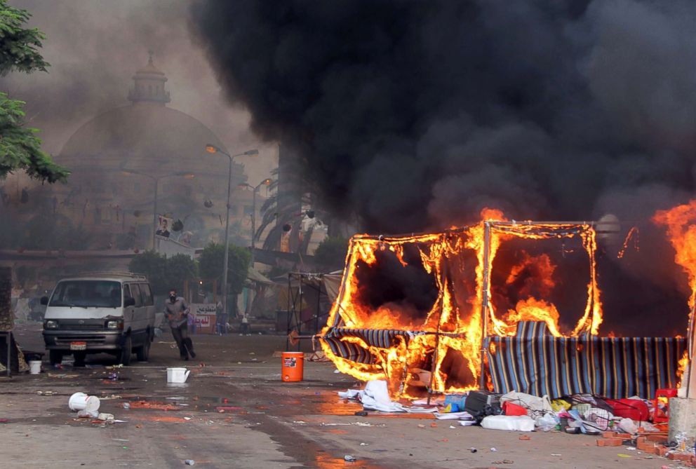 PHOTO: Destruction is seen in Cairo's Radaa al-Adawiya Sqaure on Aug. 14, 2013 during clashes as security forces try to disperse protest camps that were set up in Cairo by supporters of Egypt's ousted president Mohamed Morsi.