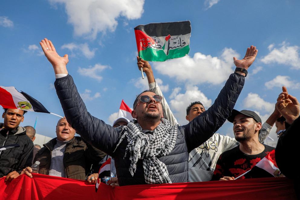 PHOTO: Demonstrators gather outside the Egyptian side of the Rafah border crossing with the Gaza Strip on Jan. 31, 2025, to protest against a plan floated by President Donald Trump to move Palestinians from the Gaza Strip to Egypt and Jordan.