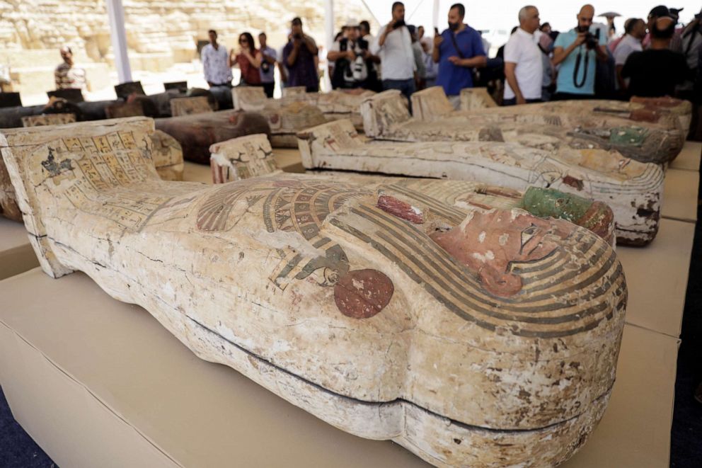 PHOTO: Sarcophaguses that are around 2,500 years old, from the newly discovered burial site near Egypt's Saqqara necropolis, are displayed during a presentation in Giza, Egypt, May 30, 2022.