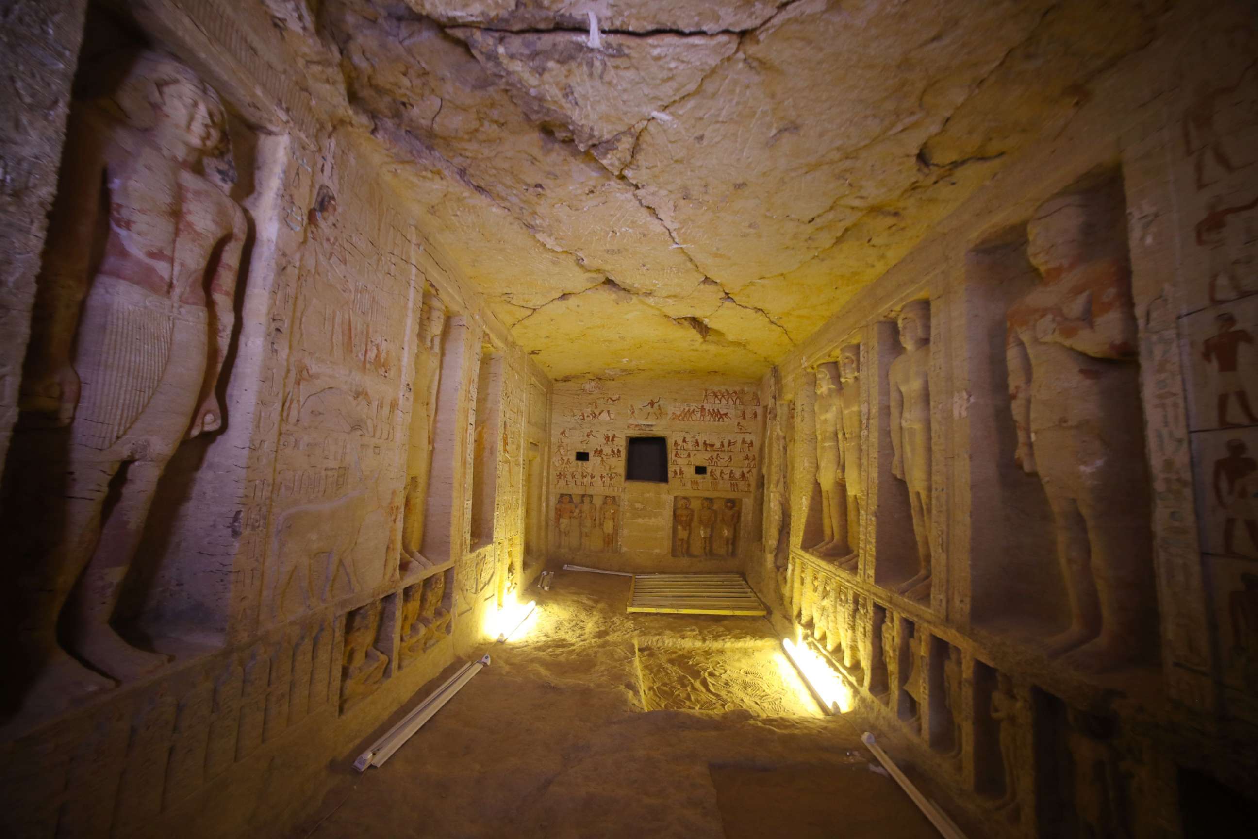 PHOTO: A view of statues inside the newly-discovered tomb of 'Wahtye', the Priest royal Purification during the reign of King Nefer Ir-Ka-Re, in Saqqara area, Giza, Egypt, Dec. 15, 2018.