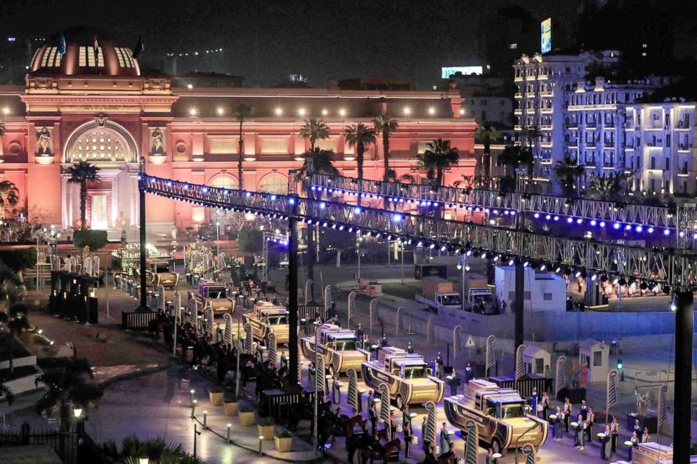 PHOTO: The carriages carrying 22 ancient Egyptian royal mummies depart from the Egyptian Museum in Cairo's Tahrir Square on April 3, 2021.