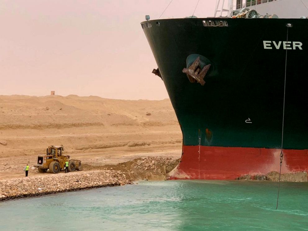 PHOTO: A handout picture released by the Suez Canal Authority on March 24, 2021 shows a part of the Taiwan-owned MV Ever Given (Evergreen.)