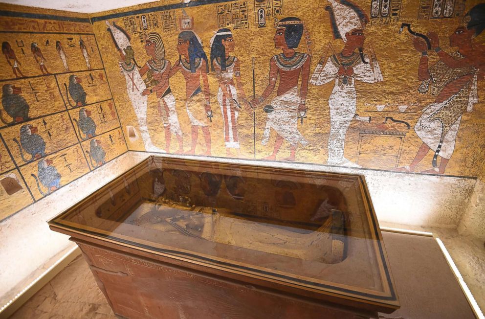 PHOTO: The golden sarcophagus of the 18th dynasty Pharaoh Tutankhamun displayed in his burial chamber in his underground tomb in the Valley of the Kings on the west bank of the Nile river opposite the southern Egyptian city of Luxor.