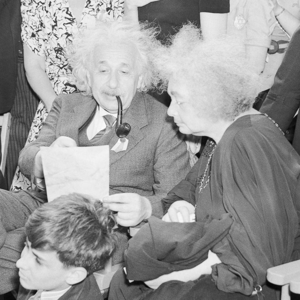 PHOTO: Albert Einstein and his sister Maja Winteler-Einstein confer before he dedicates the Palestine Pavilion at the 1939 Worlds Fair.