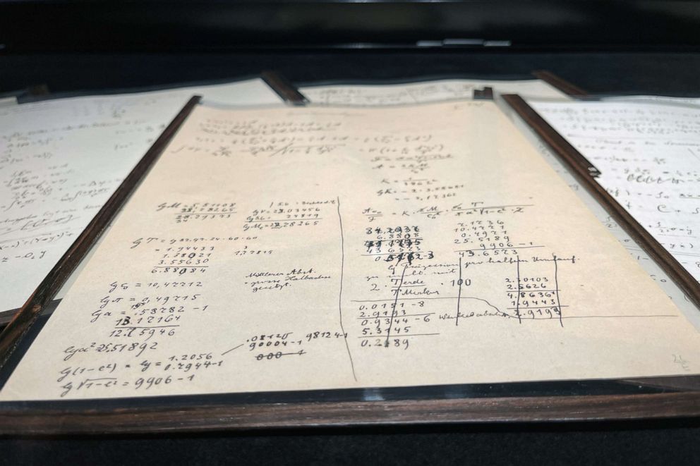 PHOTO: A page of the Einstein-Besso manuscript is displayed at Christie's auction house in Paris, Nov. 22, 2021.