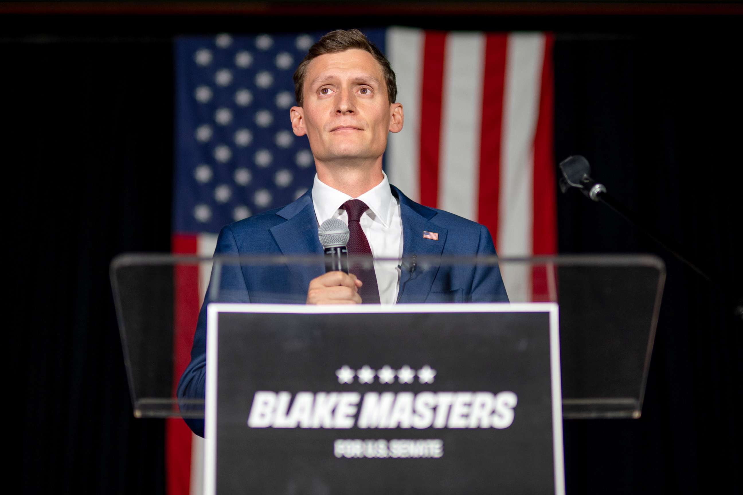 PHOTO: Republican senatorial candidate Blake Masters speaks during his election night watch party in Chandler, Ariz., Aug. 2, 2022.