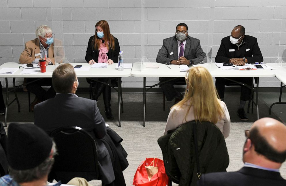 PHOTO:Wayne County Board of Canvassers discuss a motion to certify election results during a board meeting in Detroit , Nov. 17, 2020.