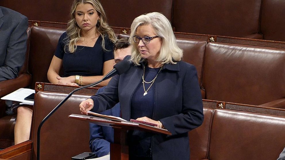 PHOTO: Rep. Liz Cheney speaks as the Election Reform Bill is debated on the floor of the House or Representatives in Washington, Sept. 21, 2022.