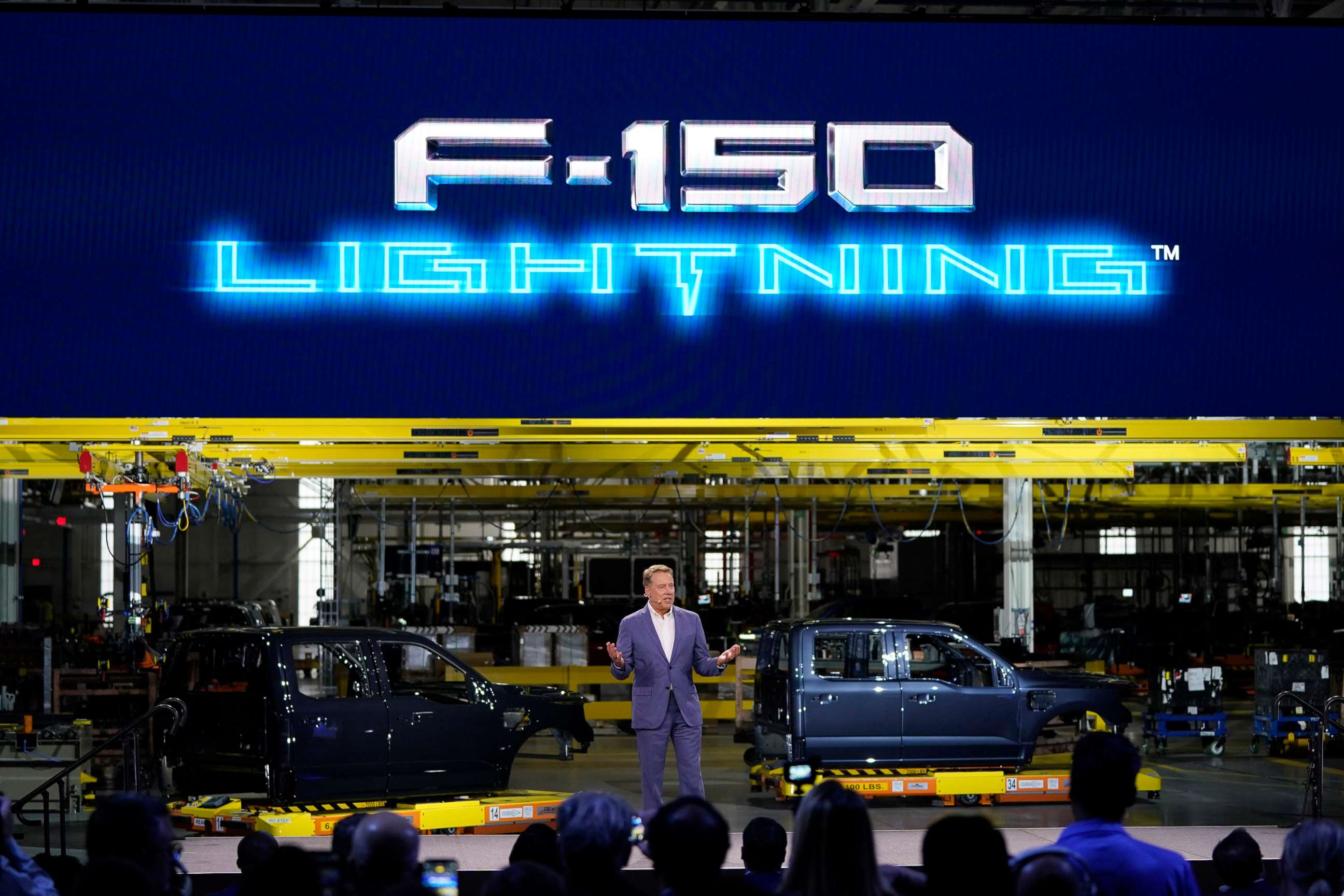 PHOTO: Bill Ford, executive chairman of the Ford Motor Company, talks during the official launch of the Ford F-150 electric truck at the Rouge Electric Vehicle Center, April 26, 2022, in Dearborn, Mich.