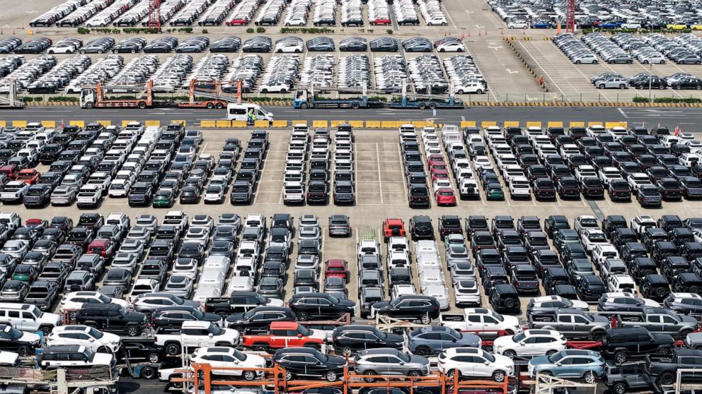 PHOTO: Aerial view of electric vehicles waiting to be loaded onto ro-ro ships for export at Shanghai Port on May 11, 2025 in Shanghai, China.